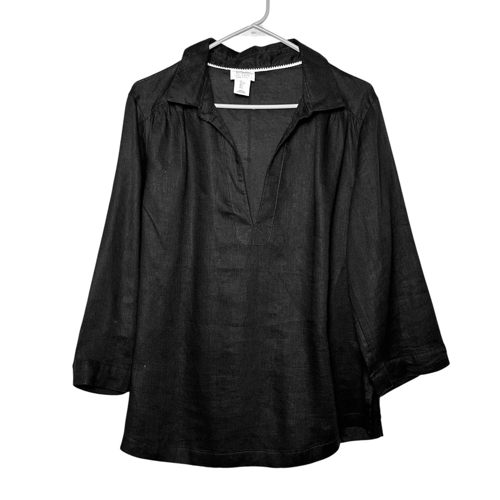 Sigrid Olsen Womens Black 100% Linen Split Neck Tunic Top 3/4 Sleeve Large